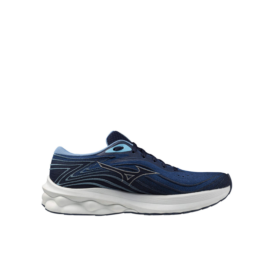 Medial side of the left shoe from a pair of Mizuno Men's Wave Skyrise 5 Running Shoes in the Classic Blue/Plein Air/River Blue colourway (8339278758050)