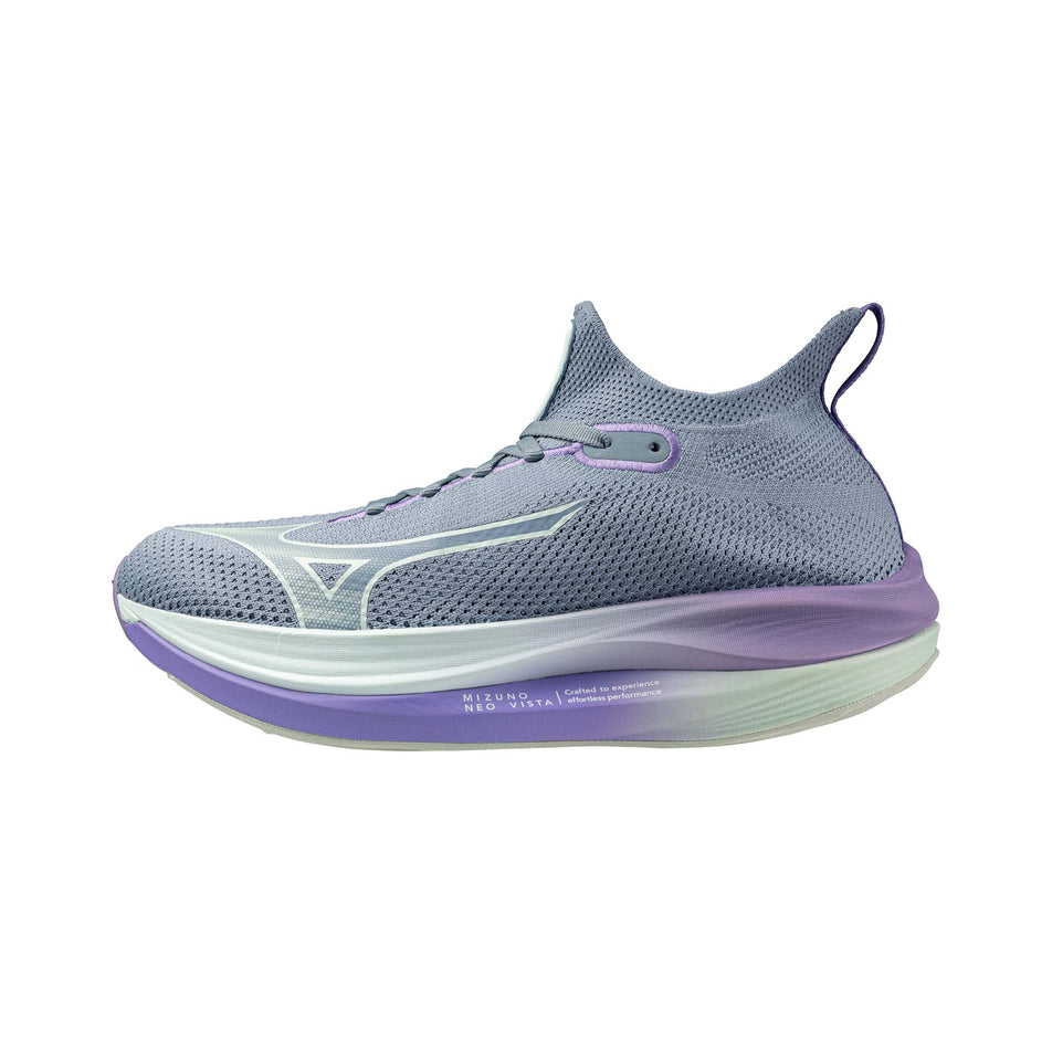 Lateral side of the left shoe from a pair of Mizuno Women's Neo Vista Running Shoes in the Citadel/Bay/Paisley Purple colourway. (8547529064610)