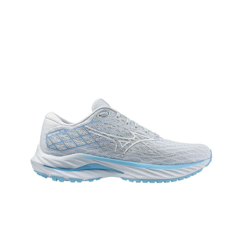 Lateral side of the right shoe from a pair of Mizuno Women's Wave Inspire 20 Running Shoes in the Plein Air/White/River Blue colourway (8339289702562)