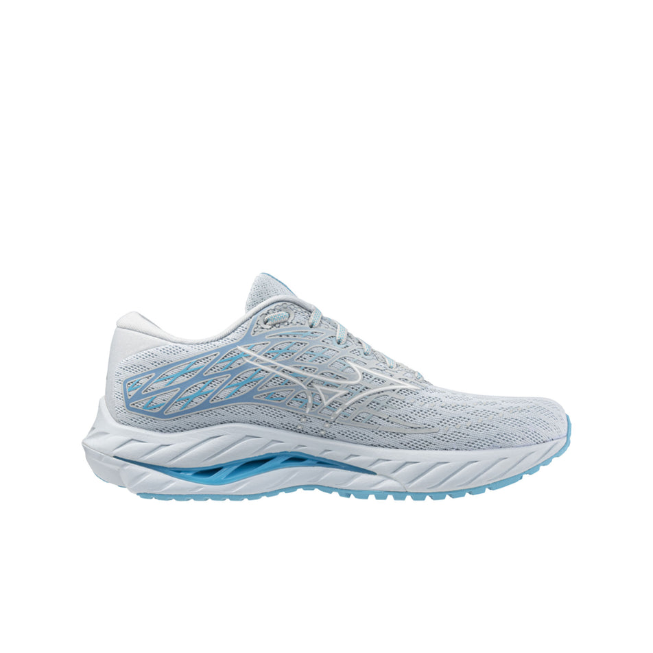 Medial side of the left shoe from a pair of Mizuno Women's Wave Inspire 20 Running Shoes in the Plein Air/White/River Blue colourway (8339289702562)