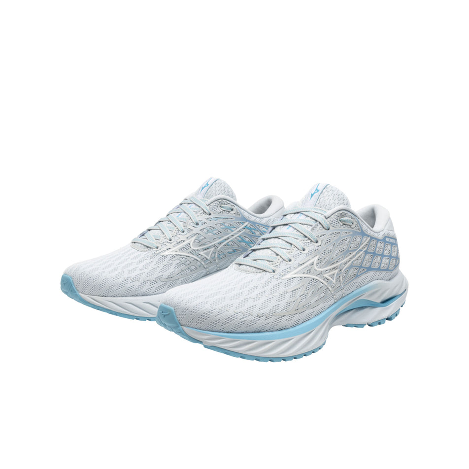 The uppers on a pair of Mizuno Women's Wave Inspire 20 Running Shoes in the Plein Air/White/River Blue colourway (8339289702562)