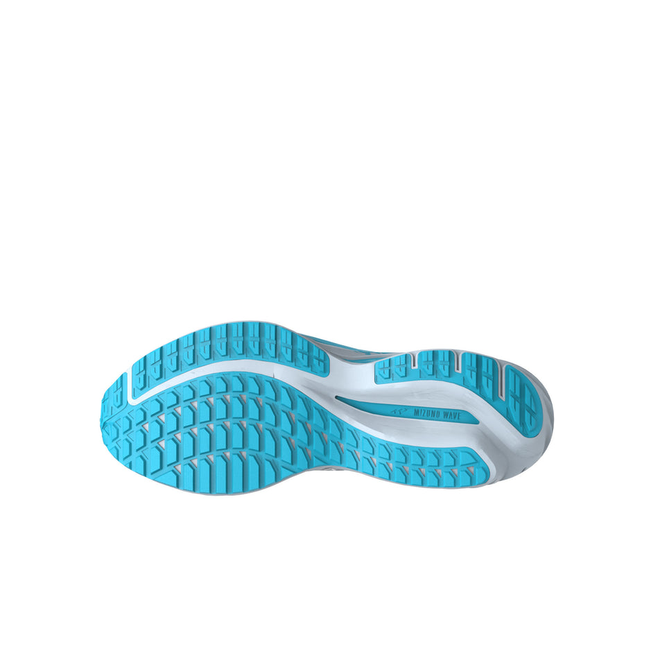 Outsole of the left shoe from a pair of Mizuno Women's Wave Inspire 20 Running Shoes in the Plein Air/White/River Blue colourway (8339289702562)