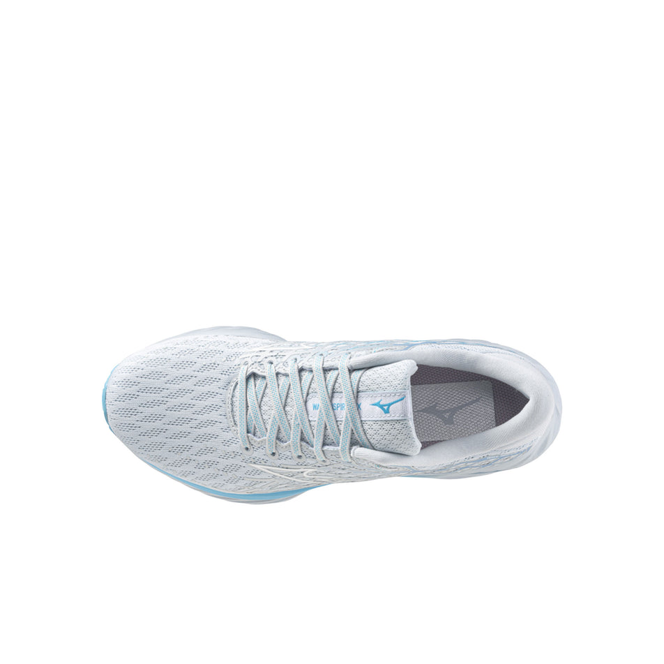 Upper of the left shoe from a pair of Mizuno Women's Wave Inspire 20 Running Shoes in the Plein Air/White/River Blue colourway (8339289702562)