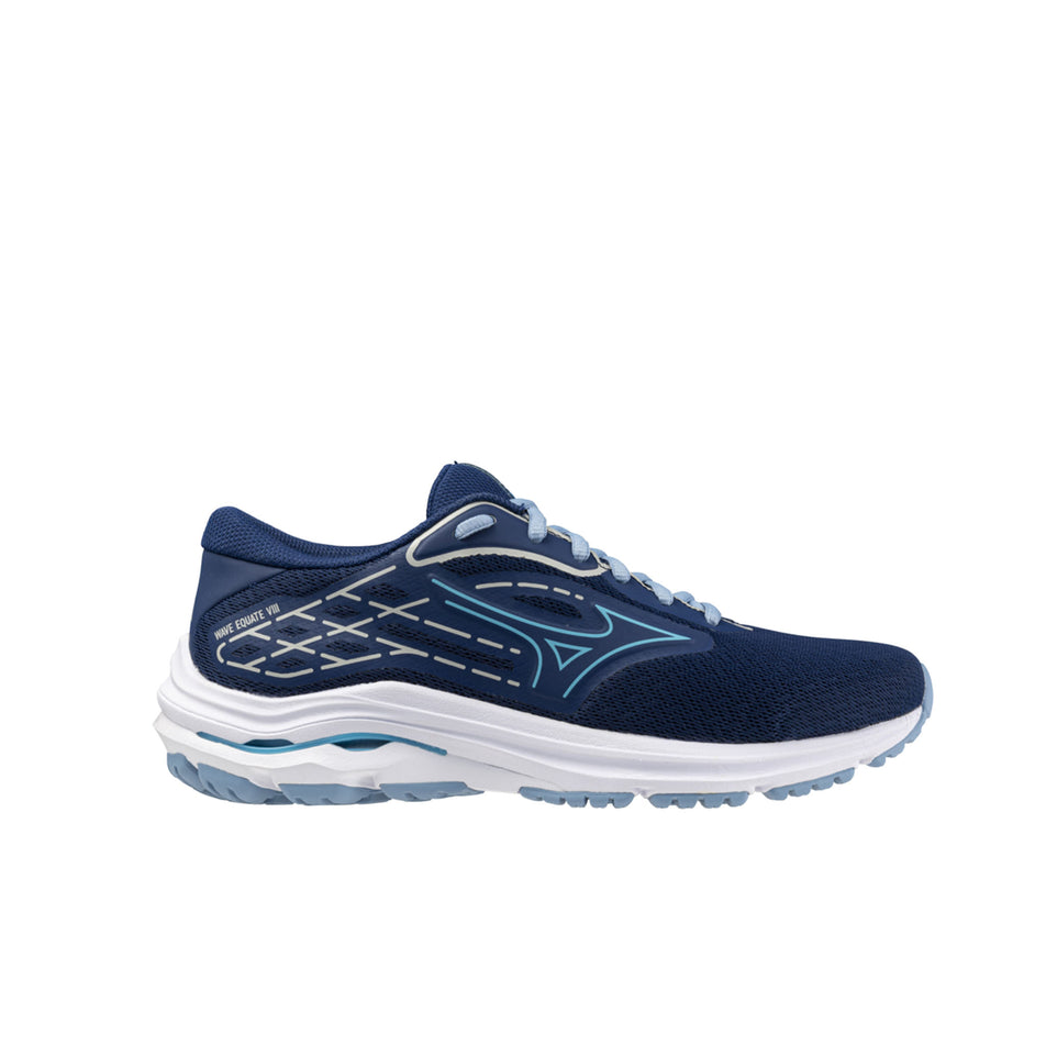 Lateral side of the right shoe from a pair of Mizuno Women's Wave Equate 8 Running Shoes in the Estate Blue/River Blue/Glacier Lake colourway (8442907492514)