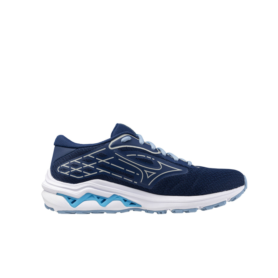 Medial side of the left shoe from a pair of Mizuno Women's Wave Equate 8 Running Shoes in the Estate Blue/River Blue/Glacier Lake colourway (8442907492514)