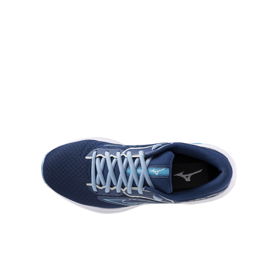 Upper of the left shoe from a pair of Mizuno Women's Wave Equate 8 Running Shoes in the Estate Blue/River Blue/Glacier Lake colourway (8442907492514)