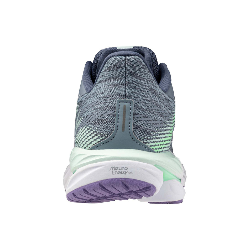 The back of the left shoe from a pair of Mizuno Women's Wave Inspire 21 Running Shoes in the Tradewinds/White/Neo Mint colourway. (8547528114338)