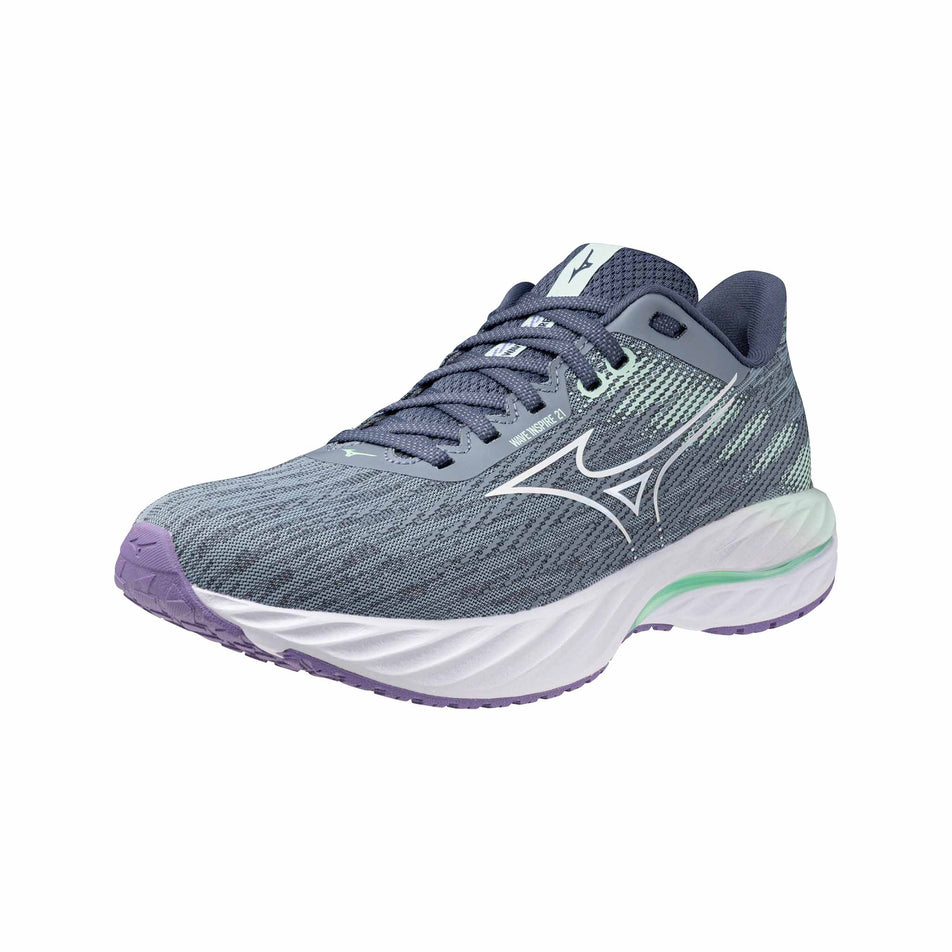 Lateral side of the left shoe from a pair of Mizuno Women's Wave Inspire 21 Running Shoes in the Tradewinds/White/Neo Mint colourway. (8547528114338)