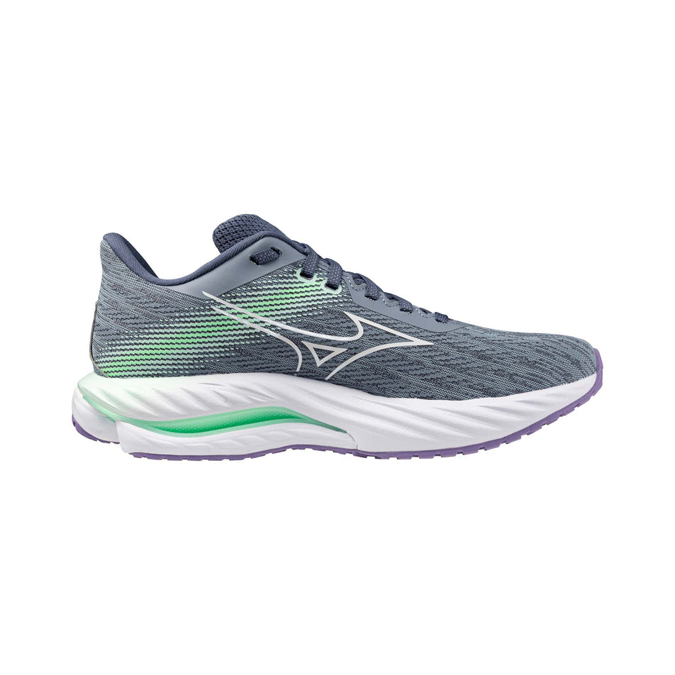 Medial side of the left shoe from a pair of Mizuno Women's Wave Inspire 21 Running Shoes in the Tradewinds/White/Neo Mint colourway. (8547528114338)