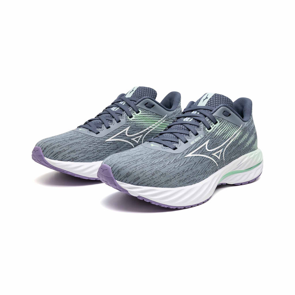 A pair of Mizuno Women's Wave Inspire 21 Running Shoes in the Tradewinds/White/Neo Mint colourway. (8547528114338)