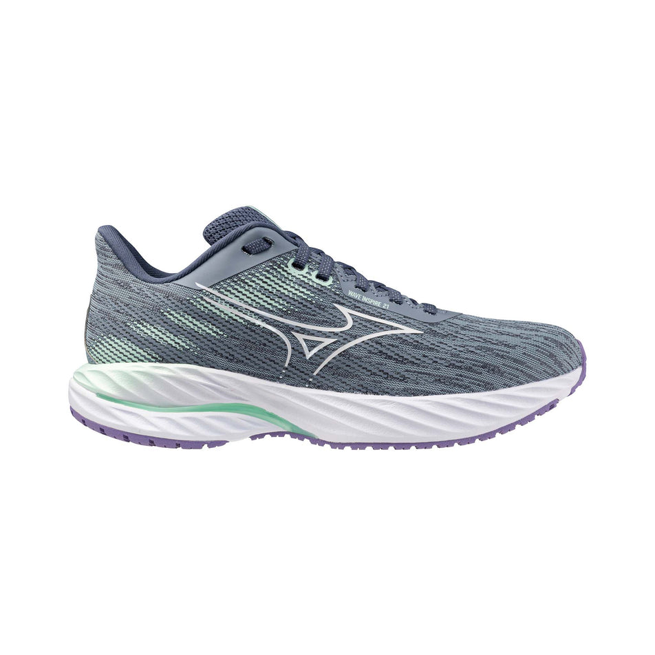 Lateral side of the right shoe from a pair of Mizuno Women's Wave Inspire 21 Running Shoes in the Tradewinds/White/Neo Mint colourway. (8547528114338)