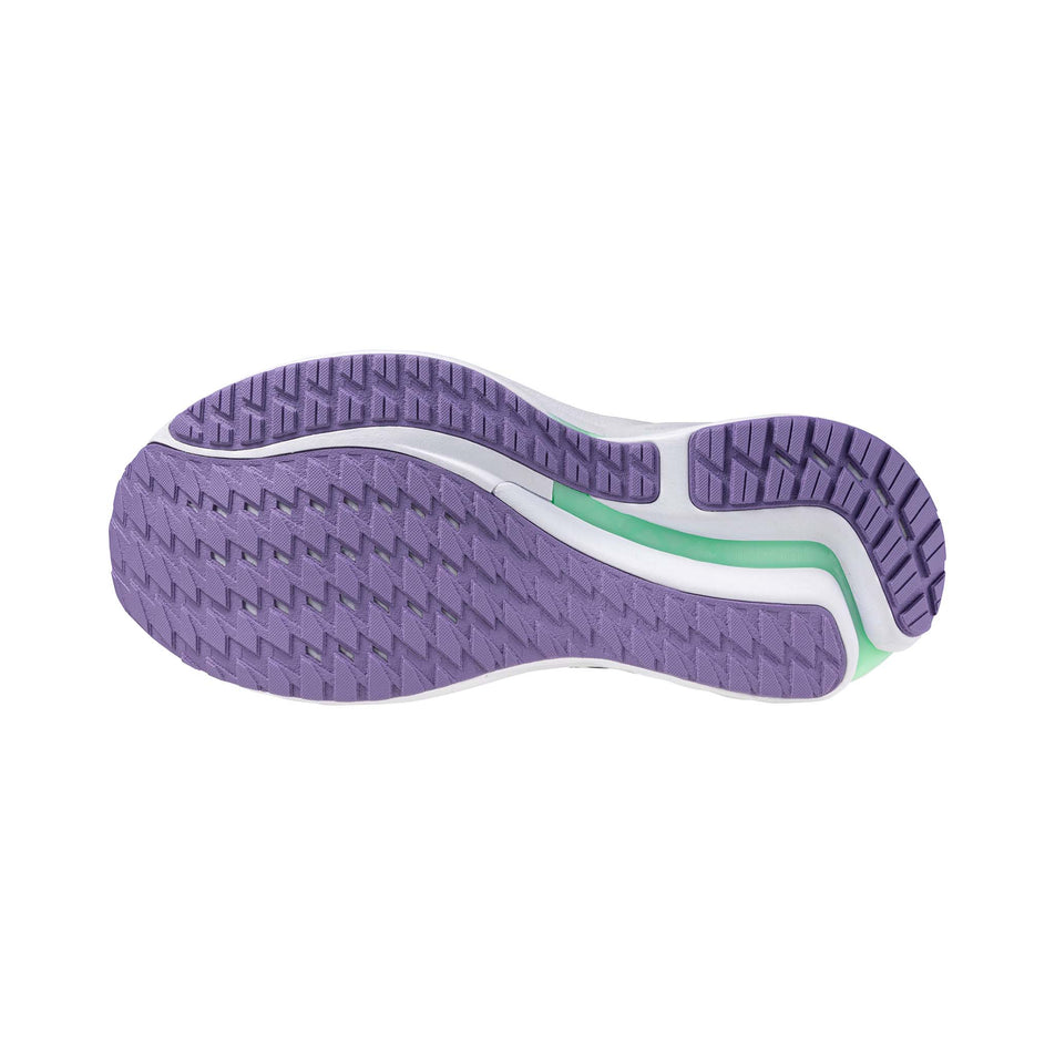 Outsole of the left shoe from a pair of Mizuno Women's Wave Inspire 21 Running Shoes in the Tradewinds/White/Neo Mint colourway. (8547528114338)