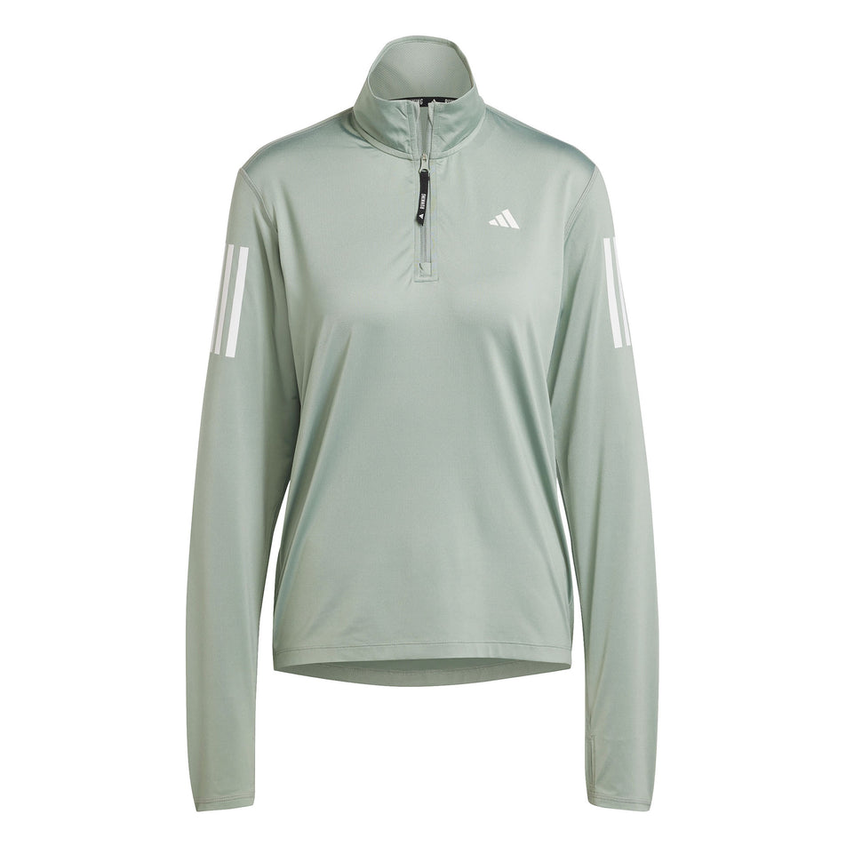 Front view of the adidas Women's Own The Run Base Half Zip in the Silver Green colourway. (8567465181346)