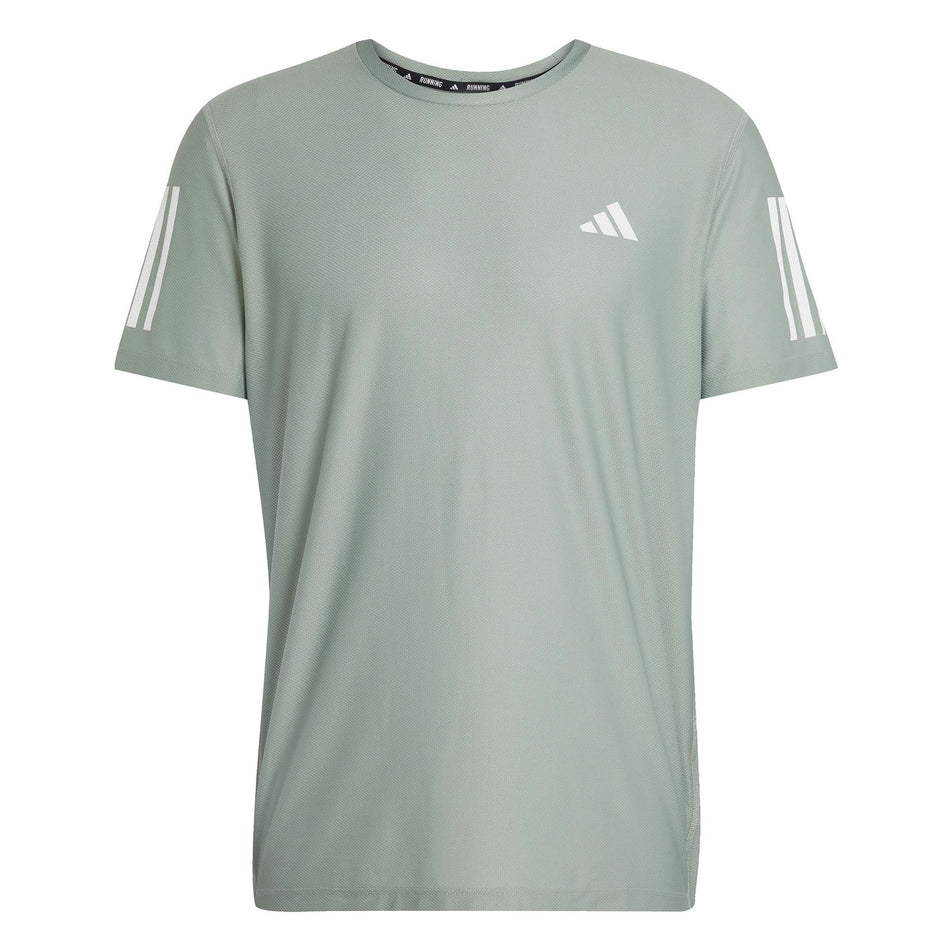 Front view of the adidas Men's Own The Run Base Tee in the Silver Green colourway.  (8566974873762)