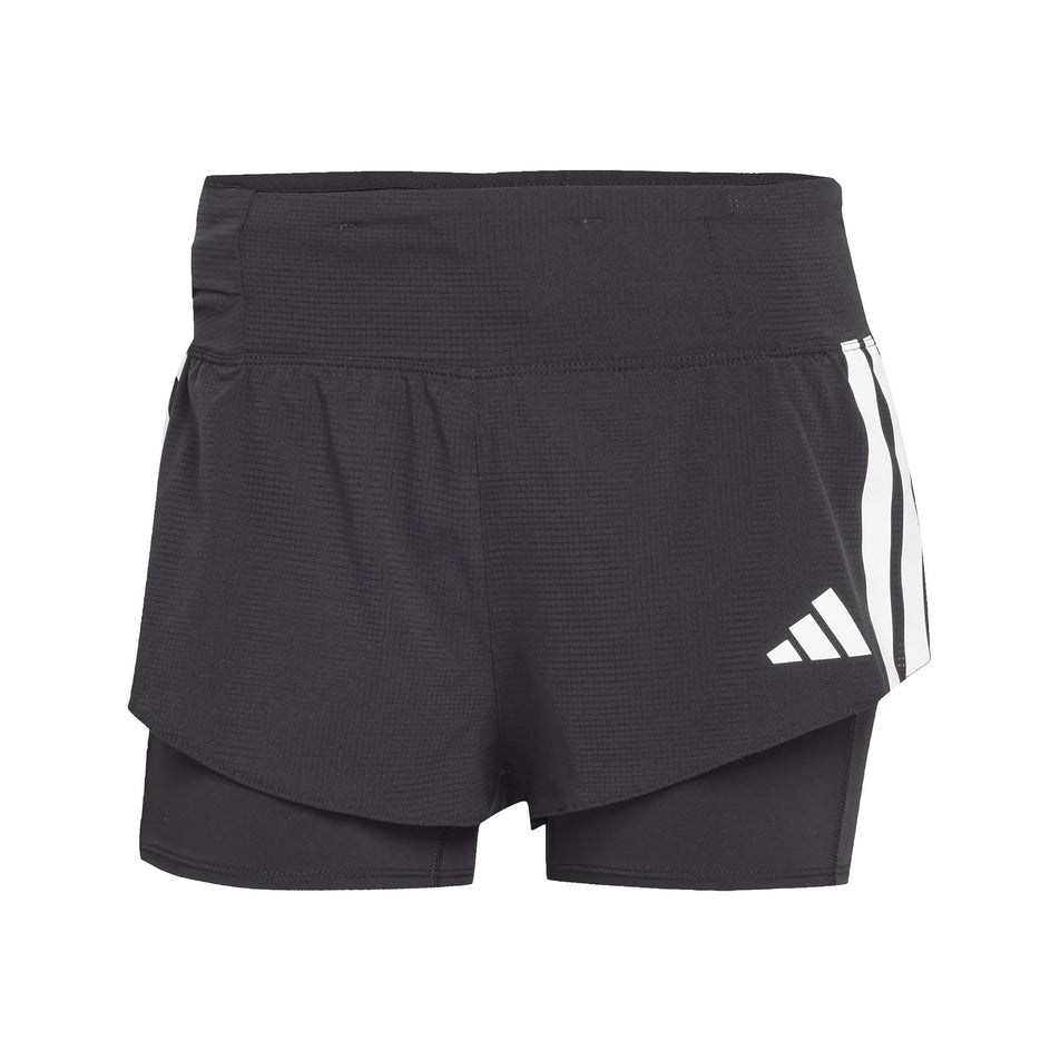 Front view of the adidas Women's Adizero 2in1 Short in the Black colourway. (8567010525346)