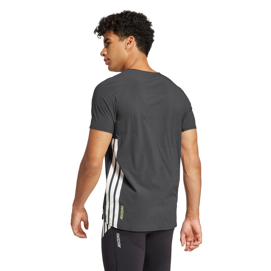 Back view of a model wearing the adidas Men's Adizero Tee in the Black colourway. (8566969630882)