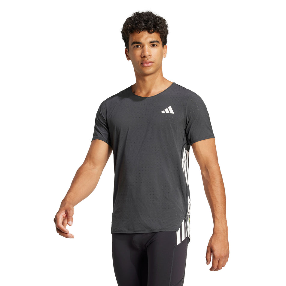 Front view of a model wearing the adidas Men's Adizero Tee in the Black colourway. (8566969630882)