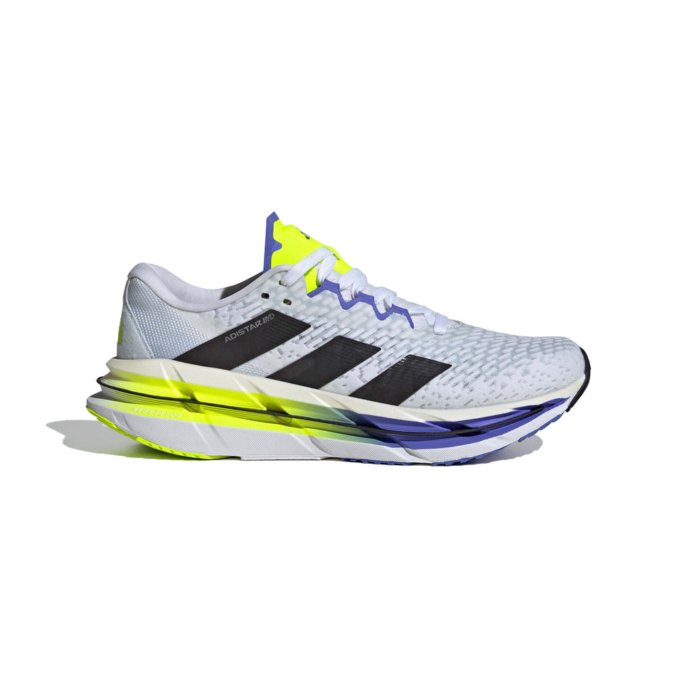 Lateral side of the right shoe from a pair of adidas Men's Adistar BYD Running Shoes in the Ftwr White/Core Black/Lucid Lemon colourway. (8556033966242)