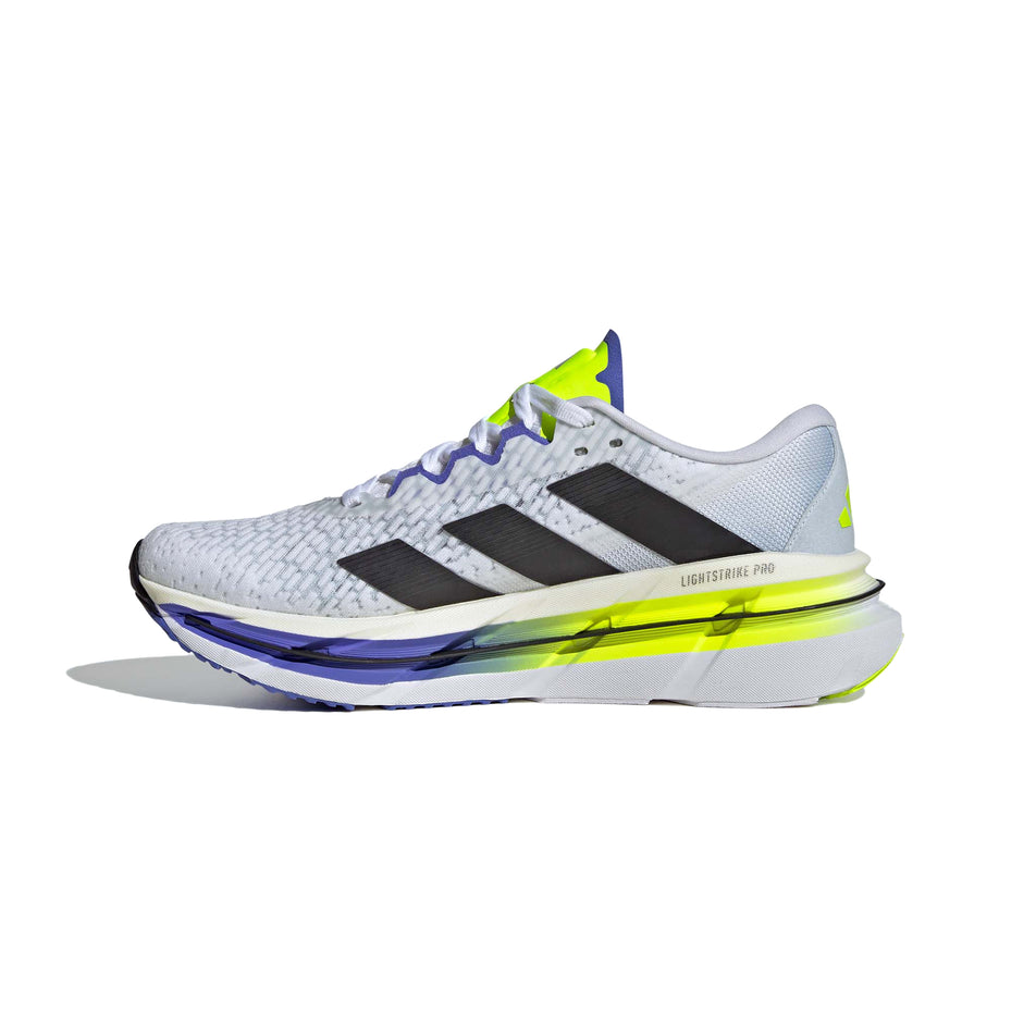 Medial side of the right shoe from a pair of adidas Men's Adistar BYD Running Shoes in the Ftwr White/Core Black/Lucid Lemon colourway. (8556033966242)