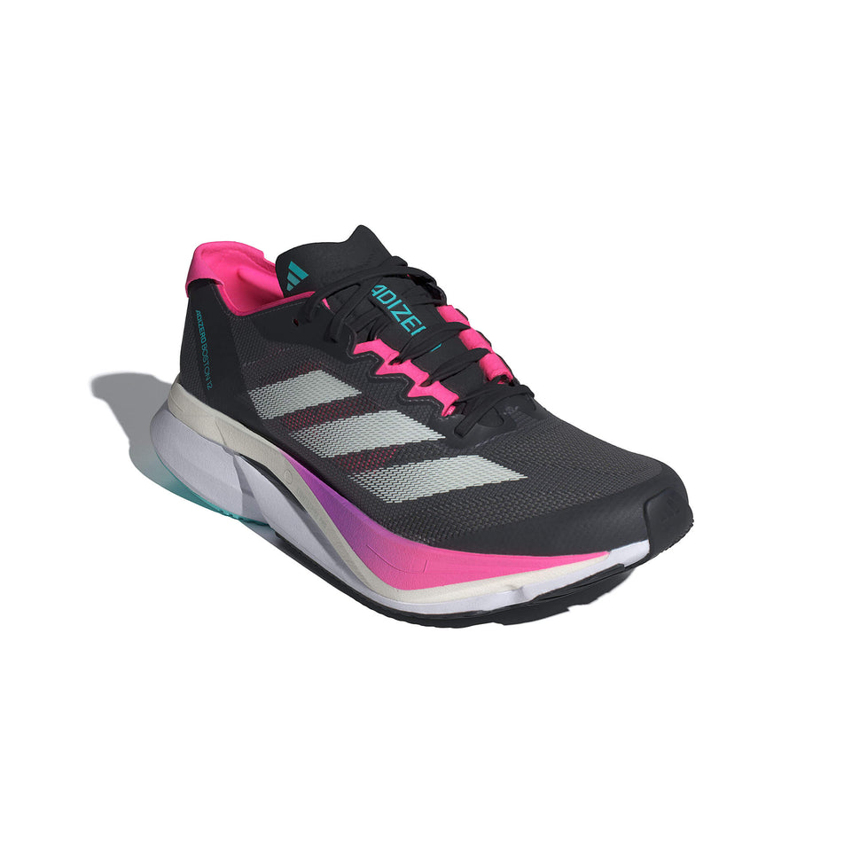 Lateral side of the right shoe from a pair of adidas Women's Adizero Boston 12 Running Shoes in the Grey Five/Crystal Jade/Lucid Pink colourway. (8556009324706)