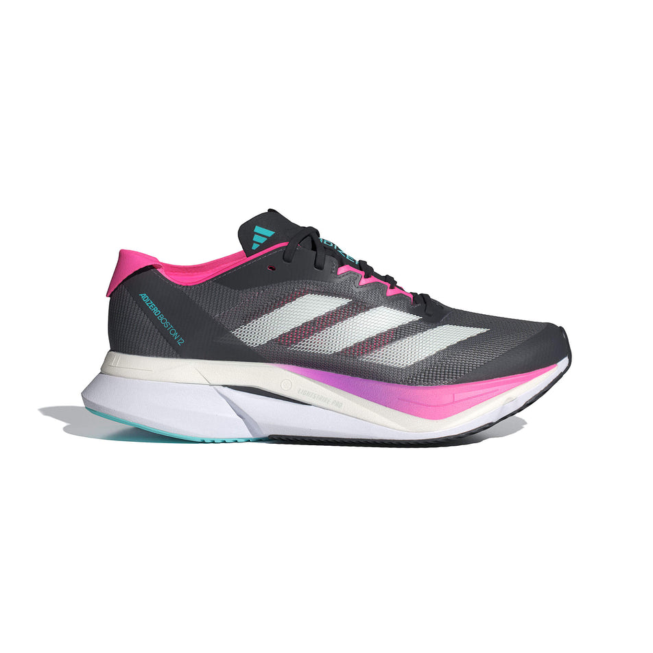 Lateral side of the right shoe from a pair of adidas Women's Adizero Boston 12 Running Shoes in the Grey Five/Crystal Jade/Lucid Pink colourway. (8556009324706)