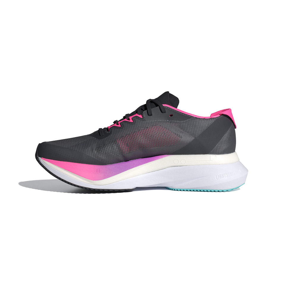 Medial side of the right shoe from a pair of adidas Women's Adizero Boston 12 Running Shoes in the Grey Five/Crystal Jade/Lucid Pink colourway.(8556009324706)