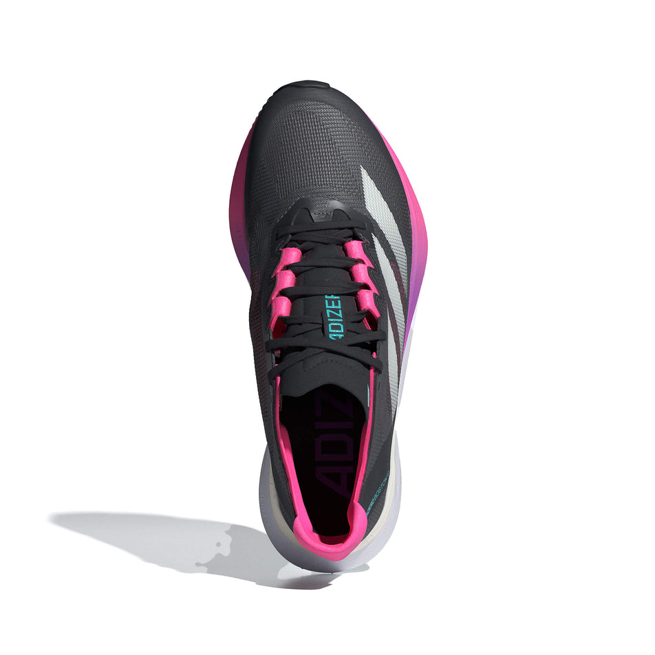 Upper of the right shoe from a pair of adidas Women's Adizero Boston 12 Running Shoes in the Grey Five/Crystal Jade/Lucid Pink colourway. (8556009324706)