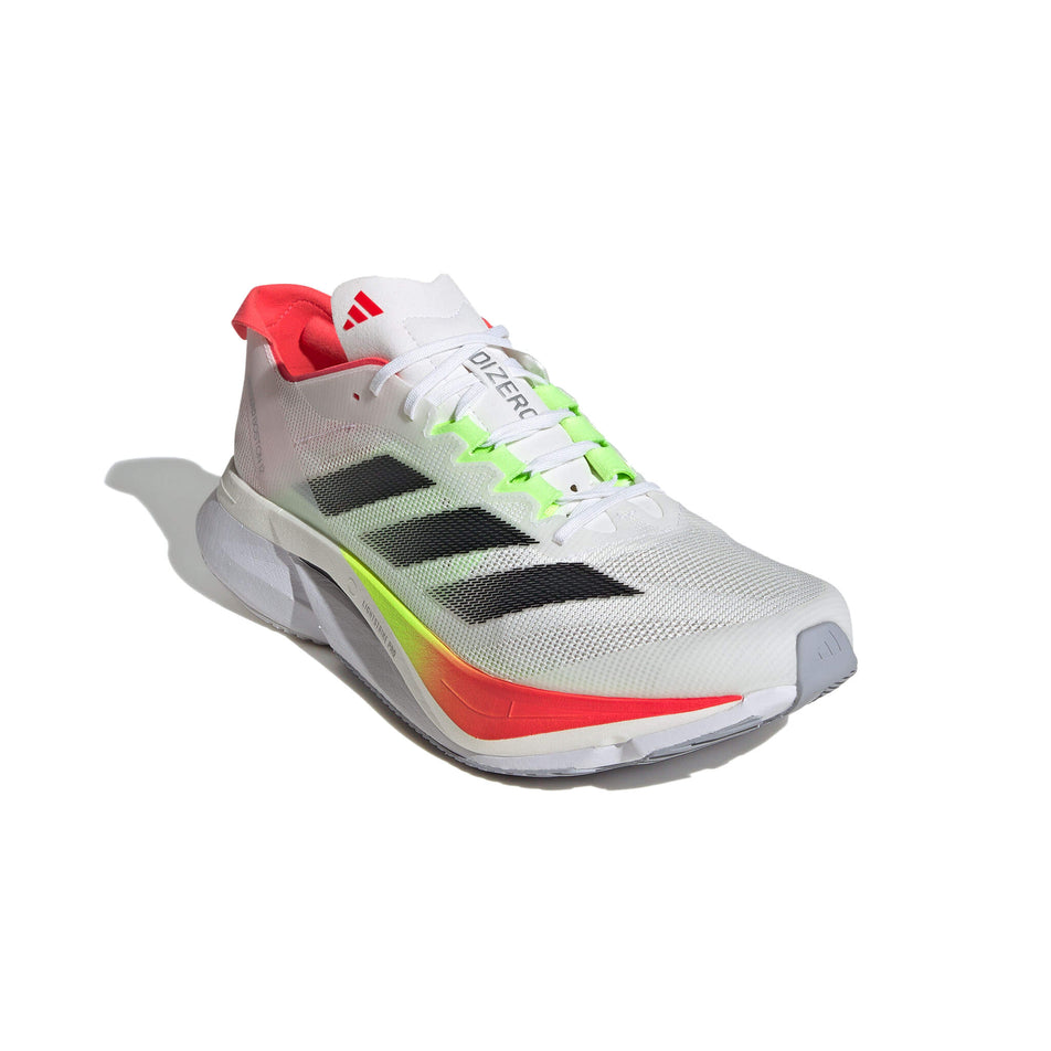 Lateral side of the right shoe from a pair of adidas Men's Adizero Boston 12 Running Shoes in the Ftwr White/Core Black/Lucid Red colourway. (8556003197090)