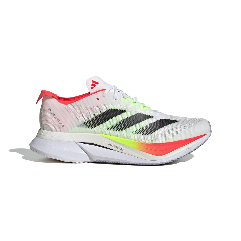 Lateral side of the right shoe from a pair of adidas Men's Adizero Boston 12 Running Shoes in the Ftwr White/Core Black/Lucid Red colourway. (8556003197090)