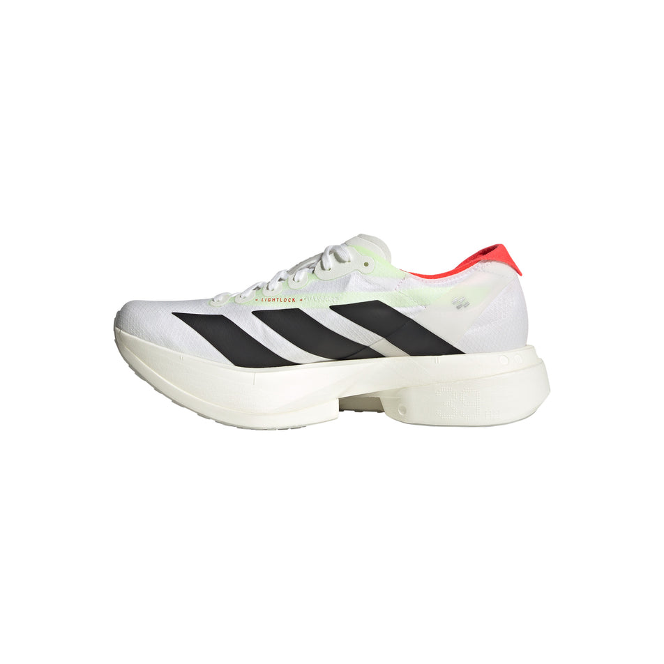 Medial side of the right shoe from a pair of adidas Women's Adizero Adios Pro 4 Running Shoes in the Ftwr White/Core Black/Silver Met. colourway. (8563430424738)