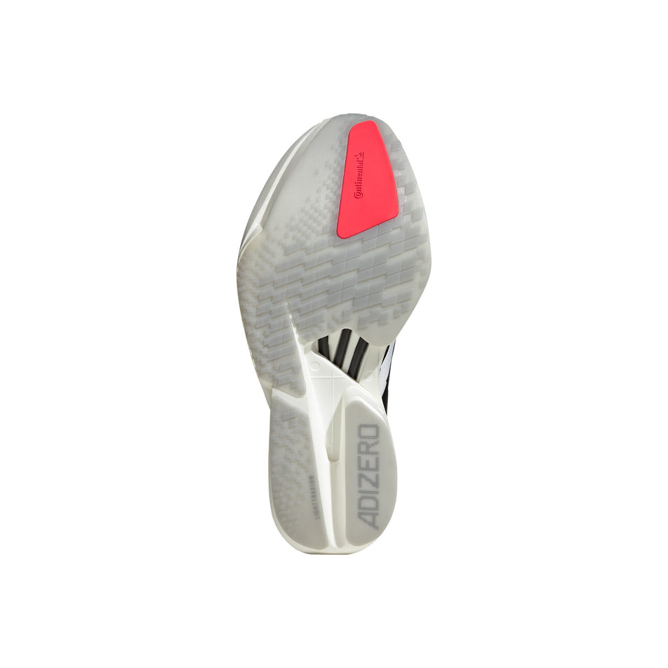 Outsole of the left shoe from a pair of adidas Women's Adizero Adios Pro 4 Running Shoes in the Ftwr White/Core Black/Silver Met. colourway. (8563430424738)