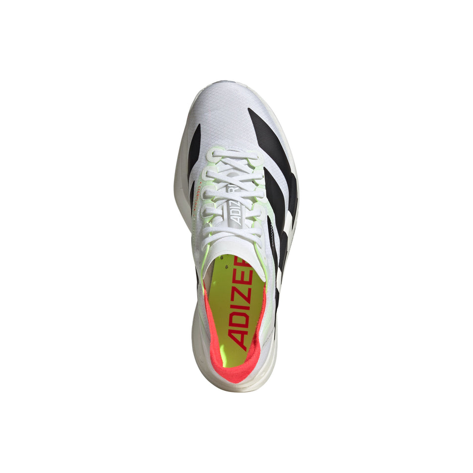 Upper of the right shoe from a pair of adidas Women's Adizero Adios Pro 4 Running Shoes in the Ftwr White/Core Black/Silver Met. colourway. (8563430424738)