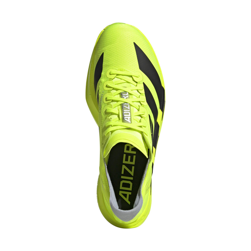 Upper of the right shoe from a pair of adidas Men's Adizero Adios Pro 4 Running Shoes in the Lucid Lemon/Core Black/Halo Silver colourway. (8588144607394)