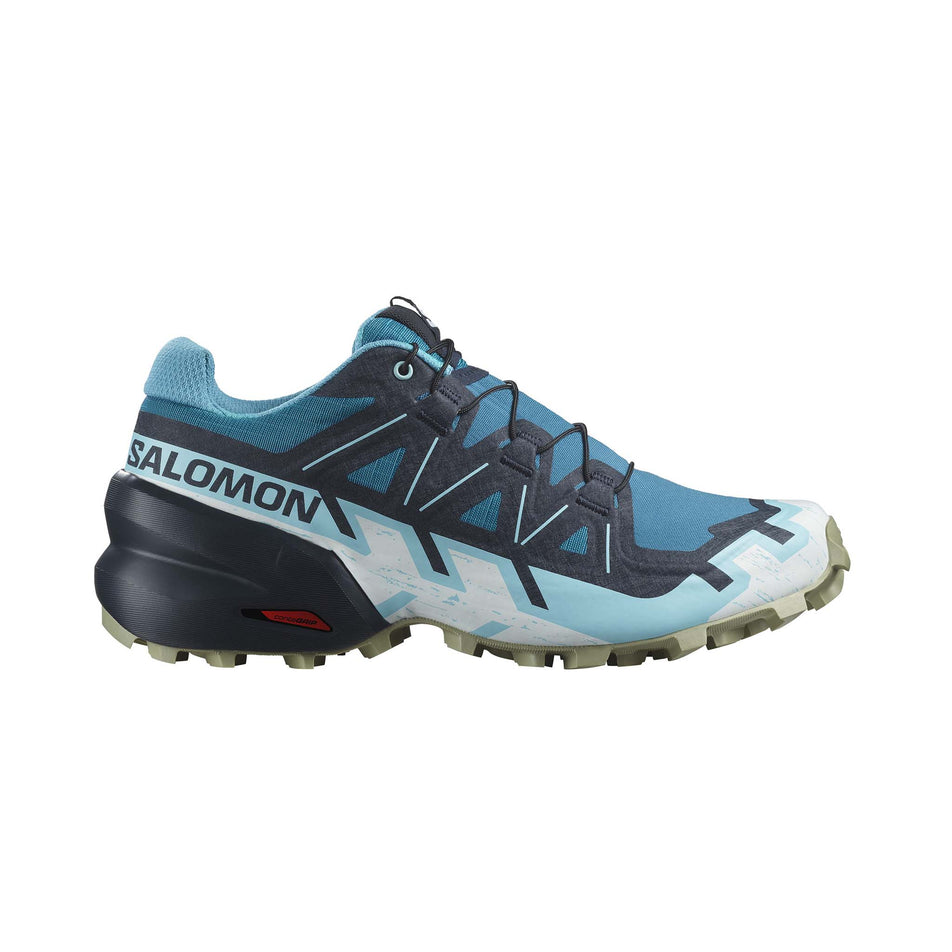 Lateral side of the right shoe from a pair of Salomon Women's Speedcross 6 Running Shoes in the Tahitian Tide/Carbon/Tea colourway (8237945618594)