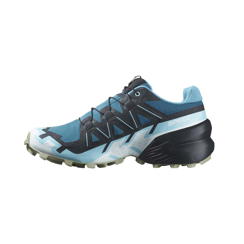 Medial side of the right shoe from a pair of Salomon Women's Speedcross 6 Running Shoes in the Tahitian Tide/Carbon/Tea colourway (8237945618594)