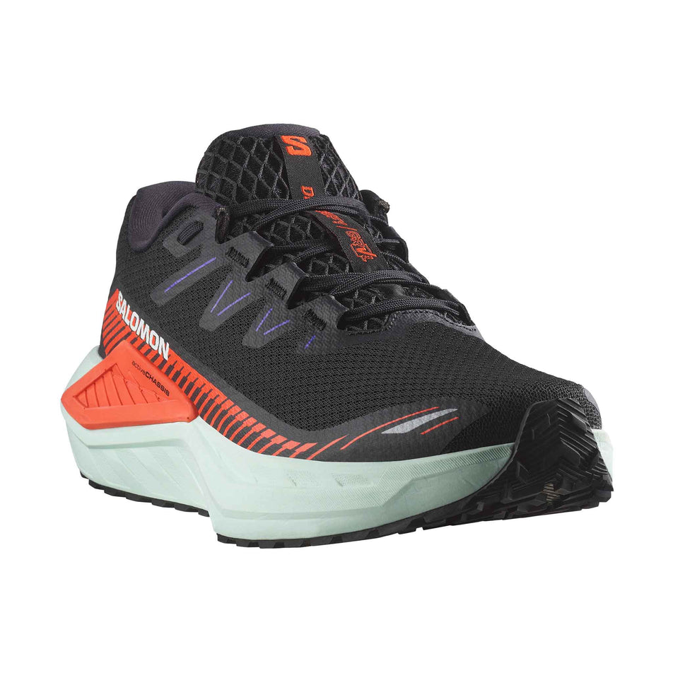 Lateral side of the right shoe from a pair of Salomon Men's DRX Defy Grvl - Gravel Running Shoes in the Black/Cherry Tomato/Bay colourway. (8467562234018)