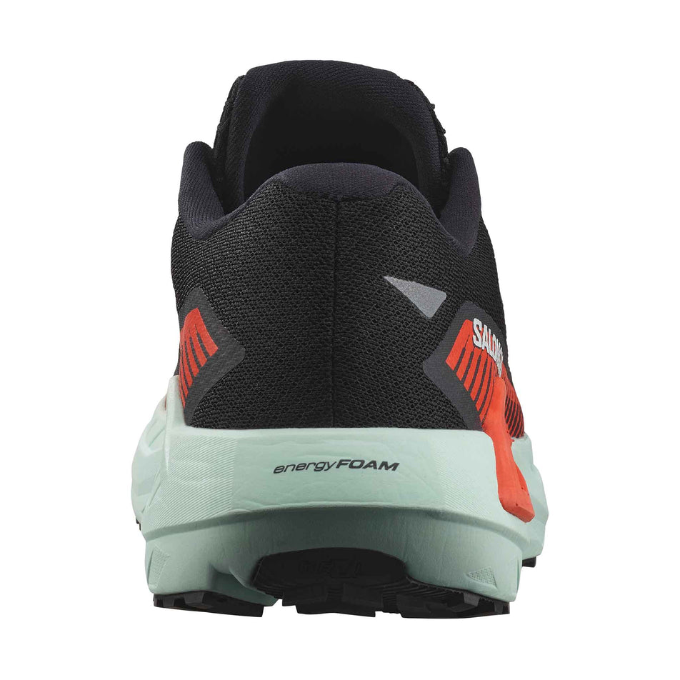 The back of the right shoe from a pair of Salomon Men's DRX Defy Grvl - Gravel Running Shoes in the Black/Cherry Tomato/Bay colourway. (8467562234018)