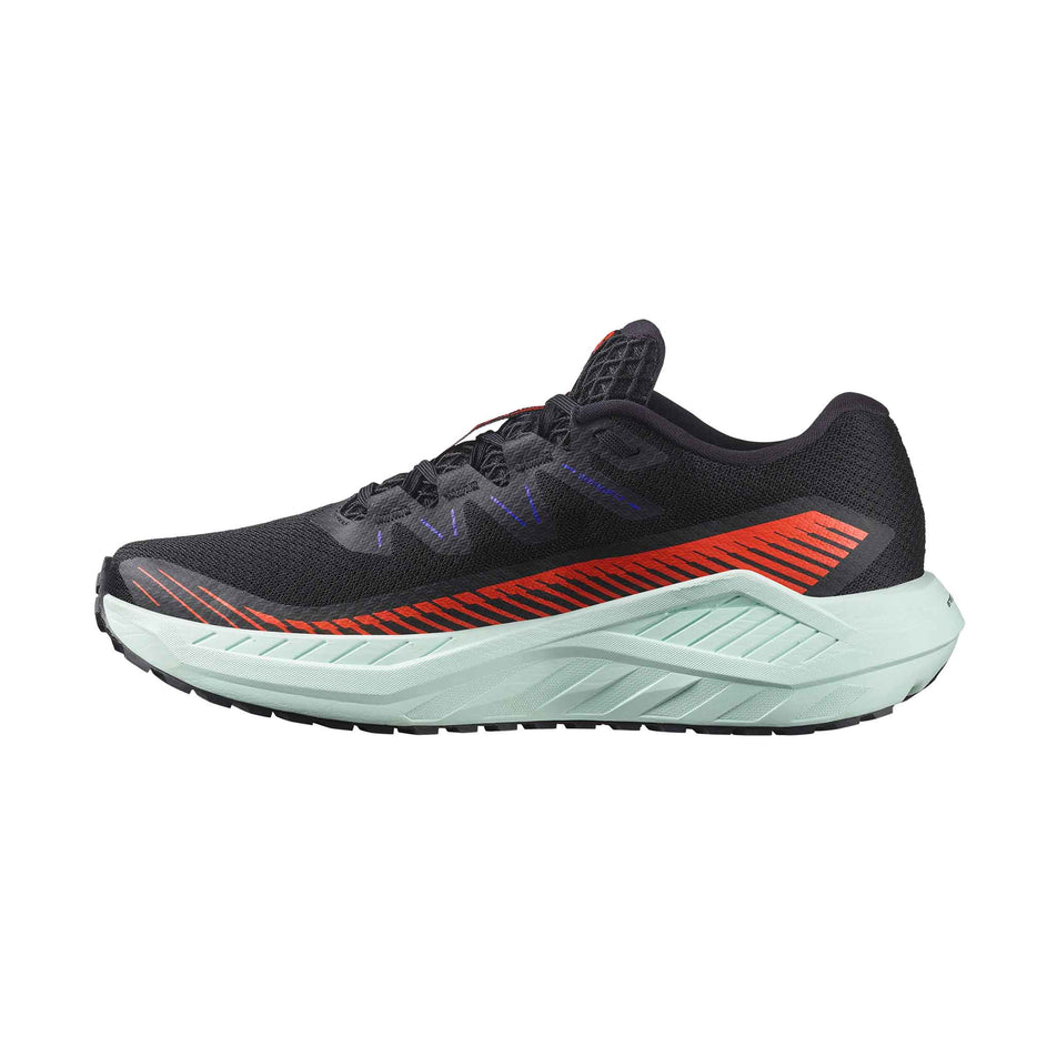 Medial side of the right shoe from a pair of Salomon Men's DRX Defy Grvl - Gravel Running Shoes in the Black/Cherry Tomato/Bay colourway. (8467562234018)