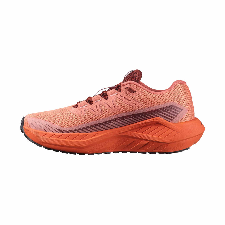 Medial side of the right shoe from a pair of Salomon Women's DRX Defy Grvl - Gravel Running Shoes in the Canyon Clay/Ginger/Fired Brick colourway. (8467576062114)