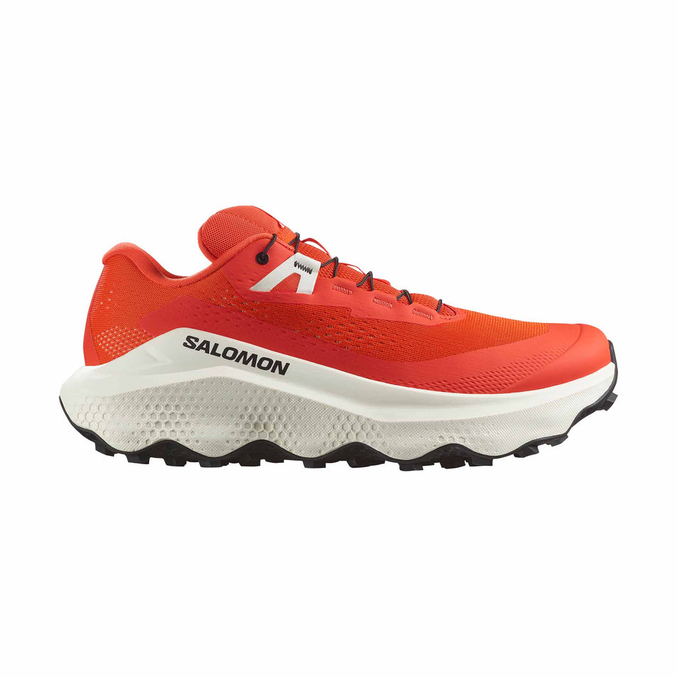 Lateral side of the right shoe from a pair of Salomon Men's Ultra Glide 3 Running Shoes in the Cherry Tomato colourway. (8576003637410)