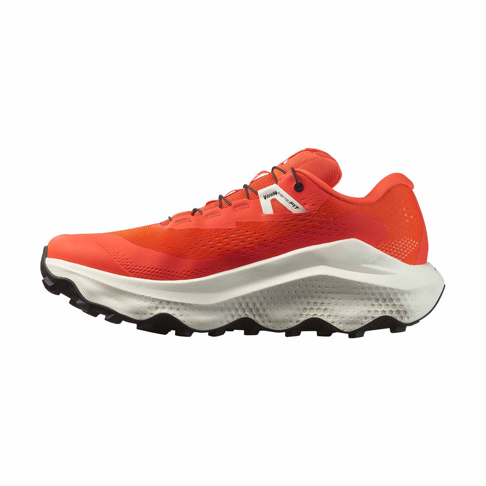 Medial side of the right shoe from a pair of Salomon Men's Ultra Glide 3 Running Shoes in the Cherry Tomato colourway. (8576003637410)