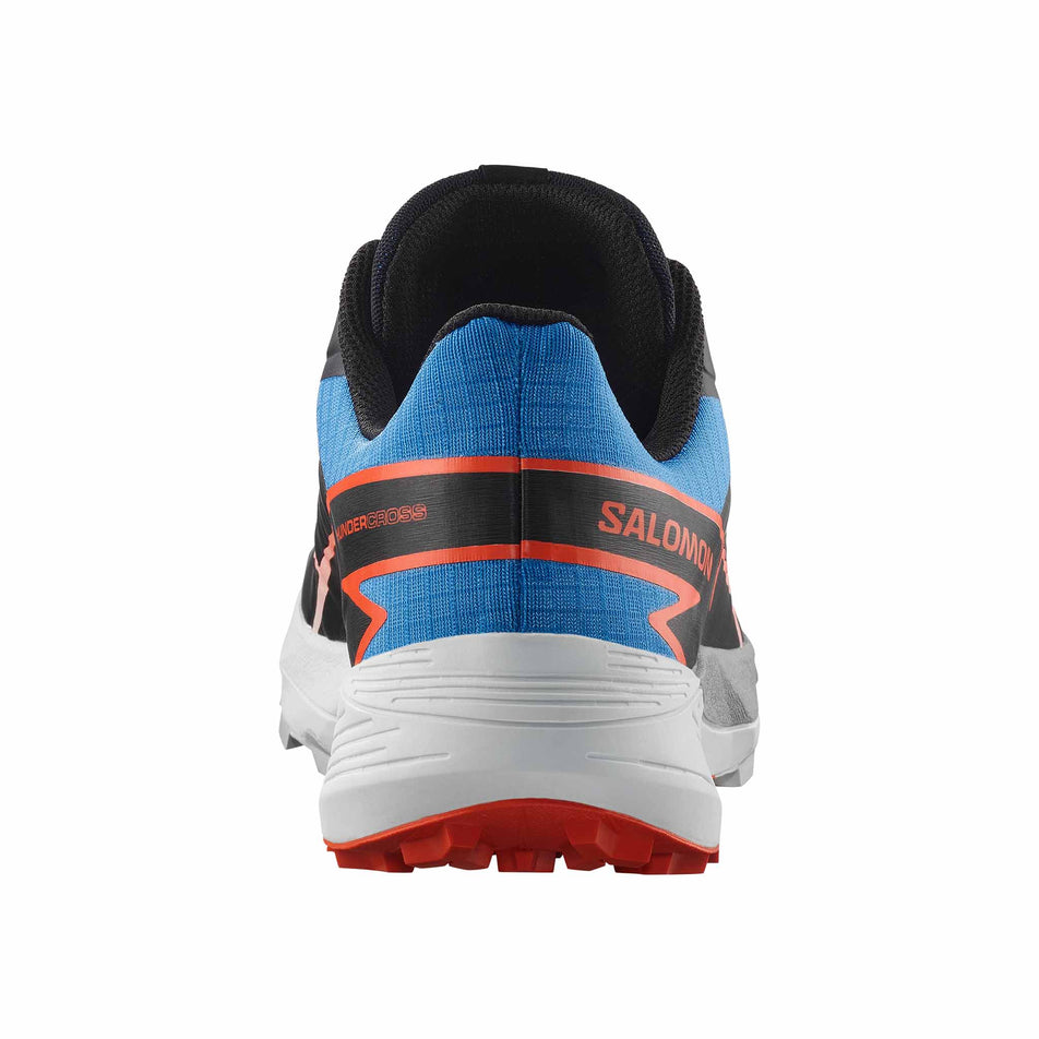 Back of the right shoe from a pair of Salomon Men's Thundercross Running Shoes  in the French Blue/Black/Cherry Tomato colourway. (8560936288418)