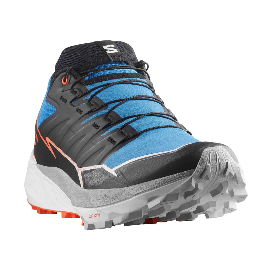 Angled view of the right shoe from a pair of Salomon Men's Thundercross Running Shoes  in the French Blue/Black/Cherry Tomato colourway. (8560936288418)