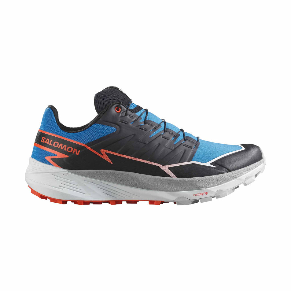 Lateral side of the right shoe from a pair of Salomon Men's Thundercross Running Shoes  in the French Blue/Black/Cherry Tomato colourway. (8560936288418)