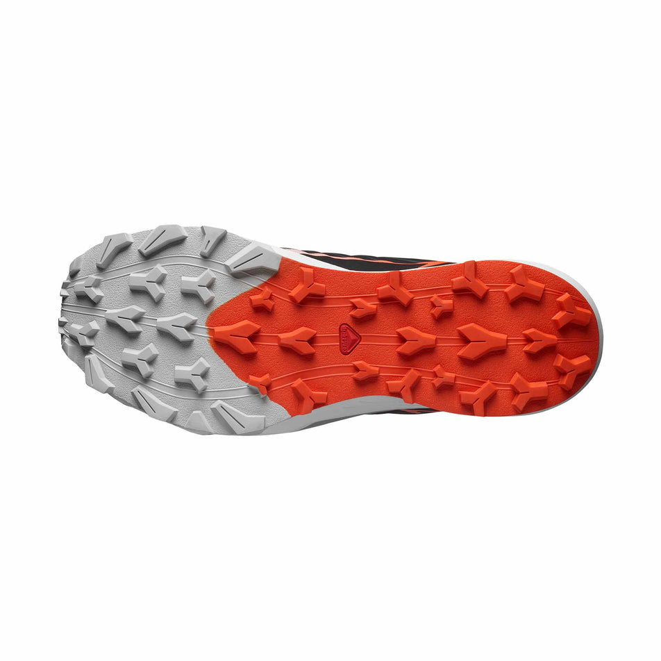 Outsole of the right shoe from a pair of Salomon Men's Thundercross Running Shoes  in the French Blue/Black/Cherry Tomato colourway. (8560936288418)