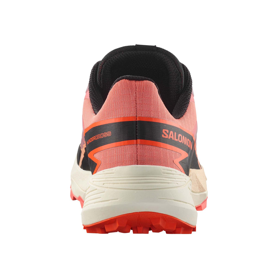 Back of the right shoe from a pair of Salomon Women's Thundercross Running Shoes in the Fusion Coral/Black/Red Orange colourway. (8561652072610)