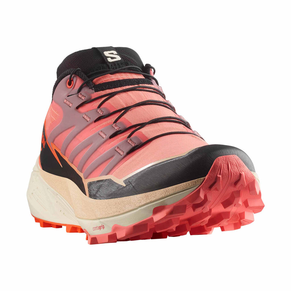 Angled view of the right shoe from a Salomon Women's Thundercross Running Shoes in the Fusion Coral/Black/Red Orange colourway. (8561652072610)