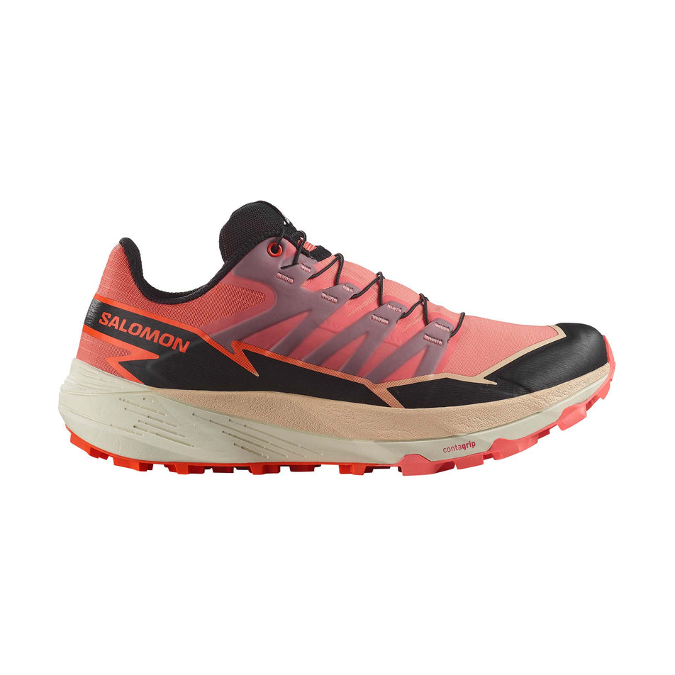 Lateral side of the right shoe from a pair of Salomon Women's Thundercross Running Shoes in the Fusion Coral/Black/Red Orange colourway. (8561652072610)