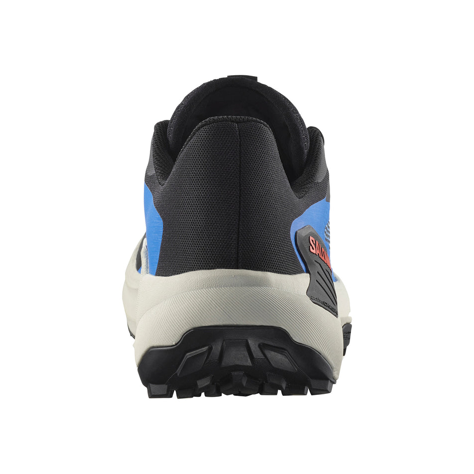 Back of the right shoe from a pair of Salomon Men's Genesis Running Shoes the Black/French Blue/Cherry Tomato colourway.  (8560934125730)