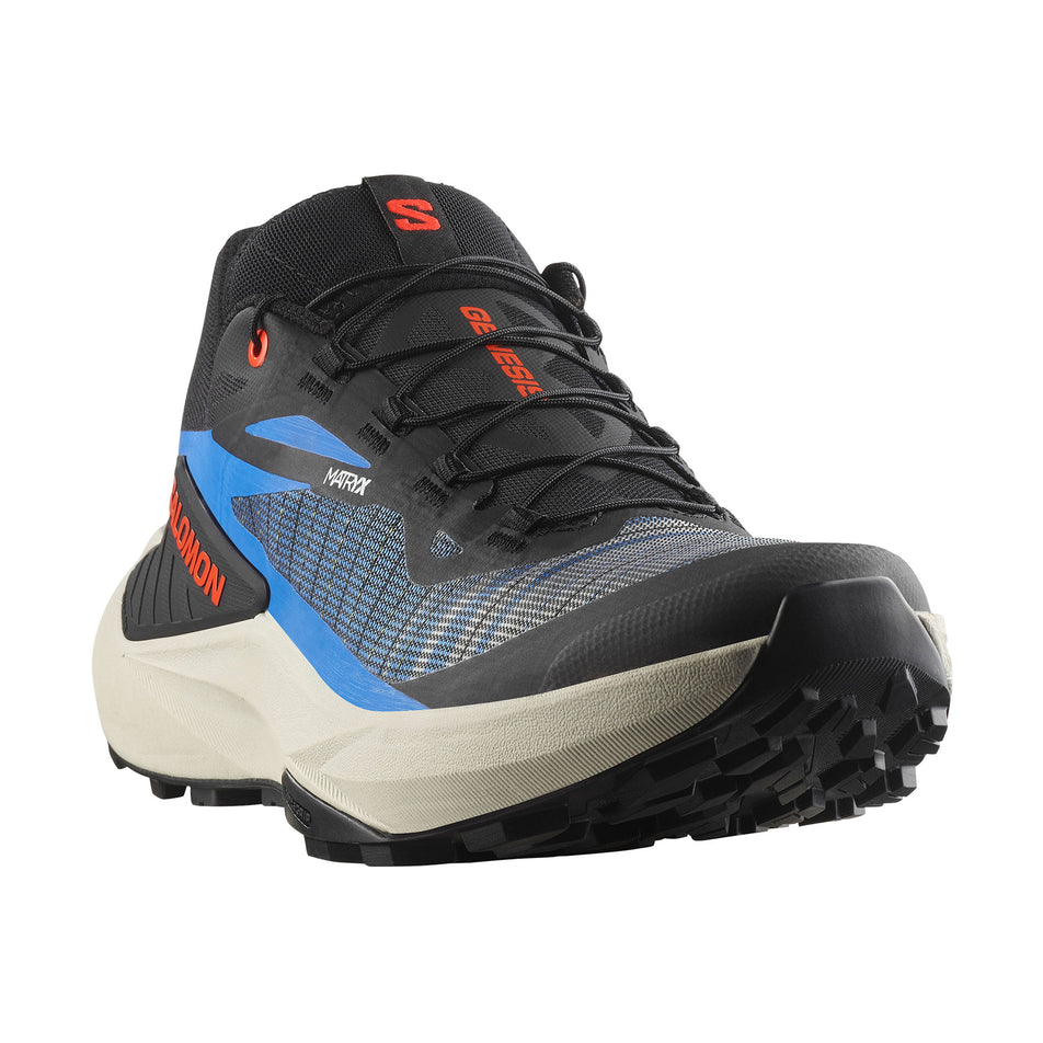 Angled view of the right shoe from a pair of Salomon Men's Genesis Running Shoes the Black/French Blue/Cherry Tomato colourway. (8560934125730)